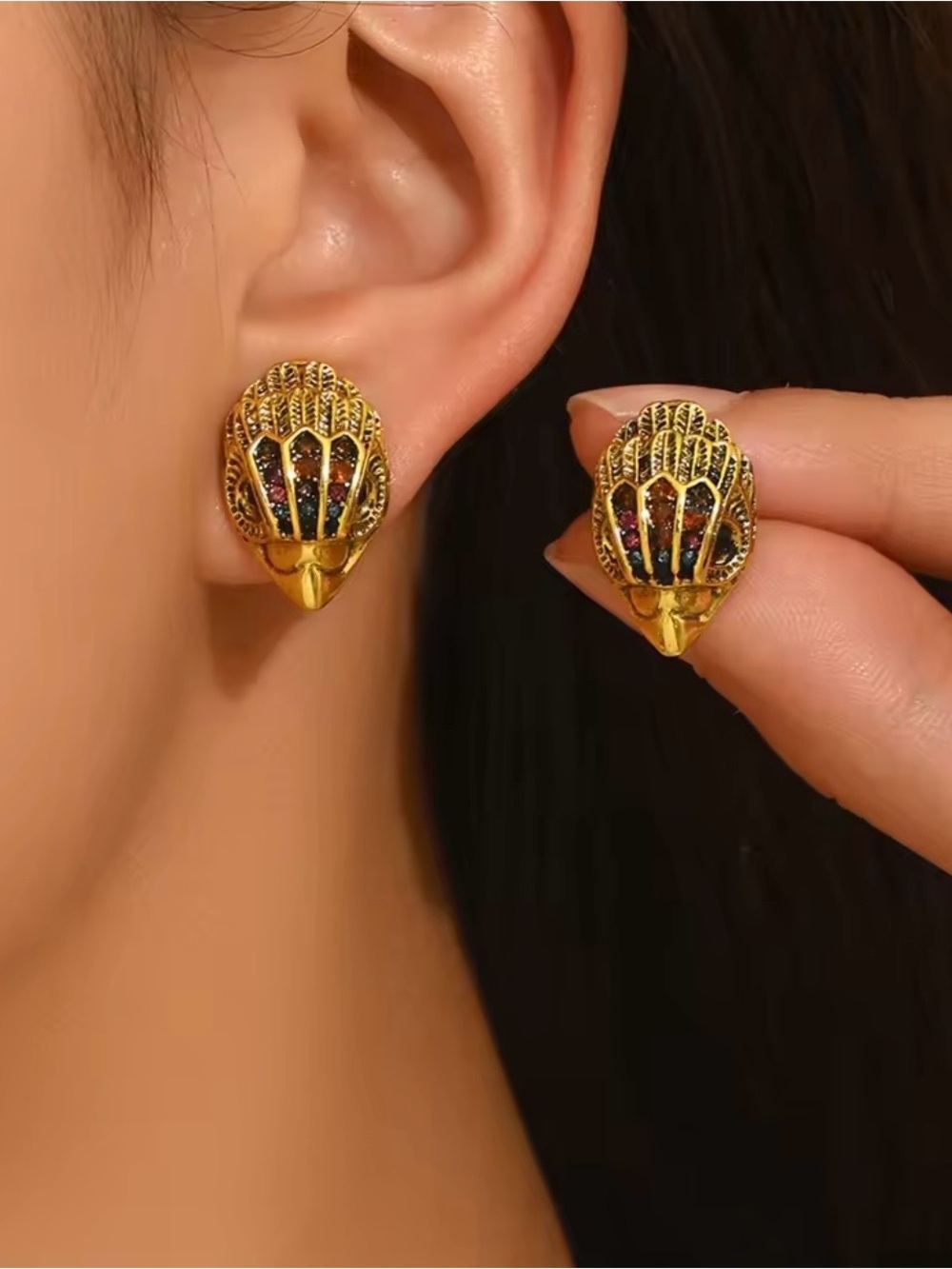 Vintage Gold Tone Peacock Stud Earrings/ Black Enamel Statement Earrings Boho